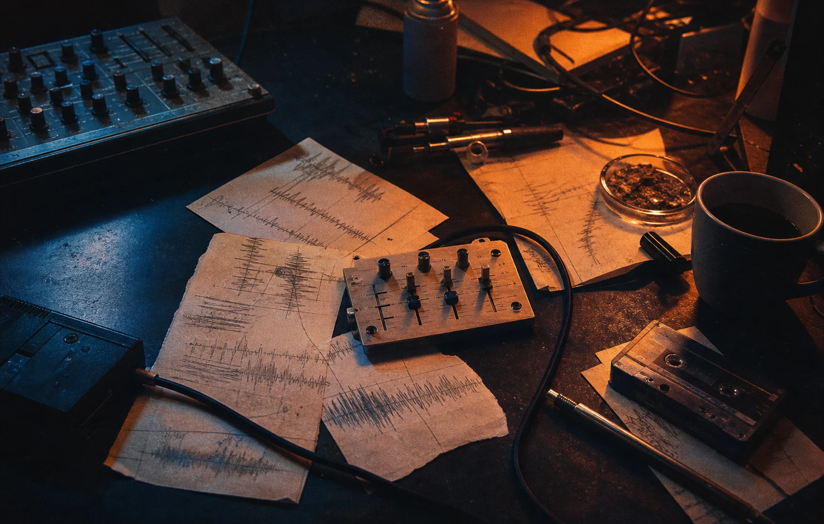 A rough editorial collage of plugin-like knobs and waveform scraps floating over a cluttered studio desk, with cut-paper shapes and handwritten prompt fragments