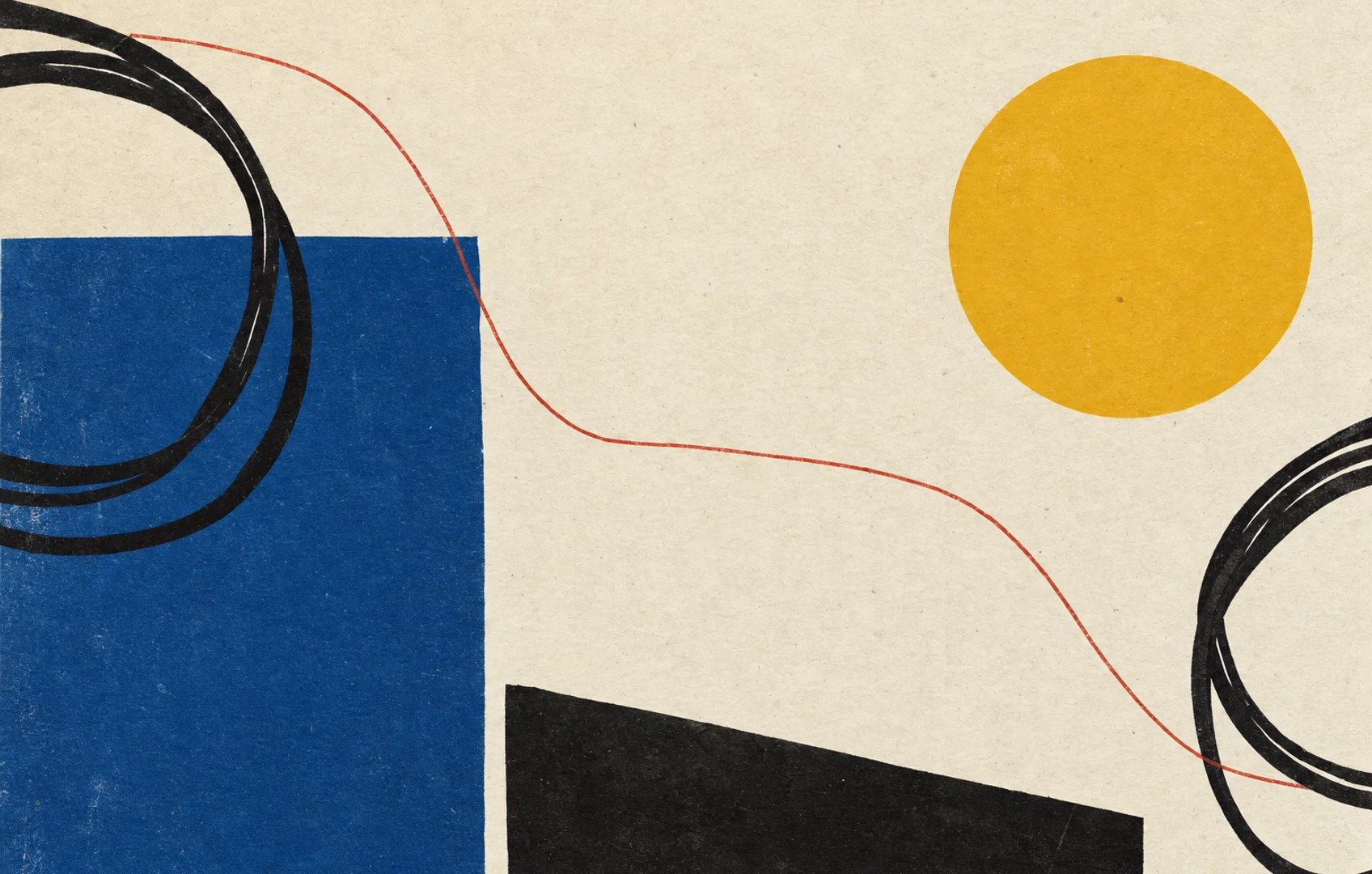 Two looping cables leave pale silhouettes on mottled charcoal photographic paper, with a thin rust-red pencil line crossing the print.