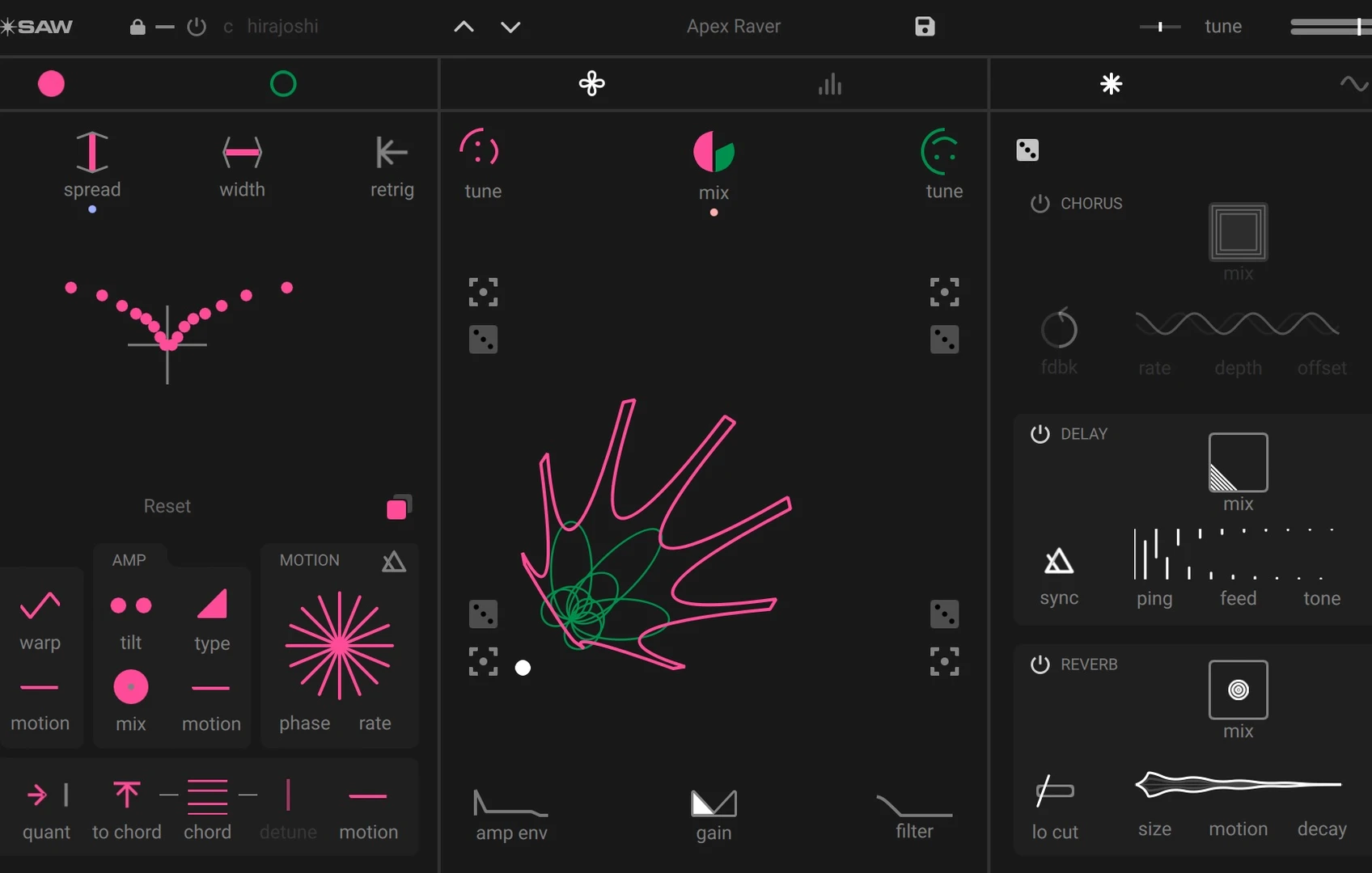 Native Instruments SuperStarSaw software synthesizer interface screenshot with pink and green controls