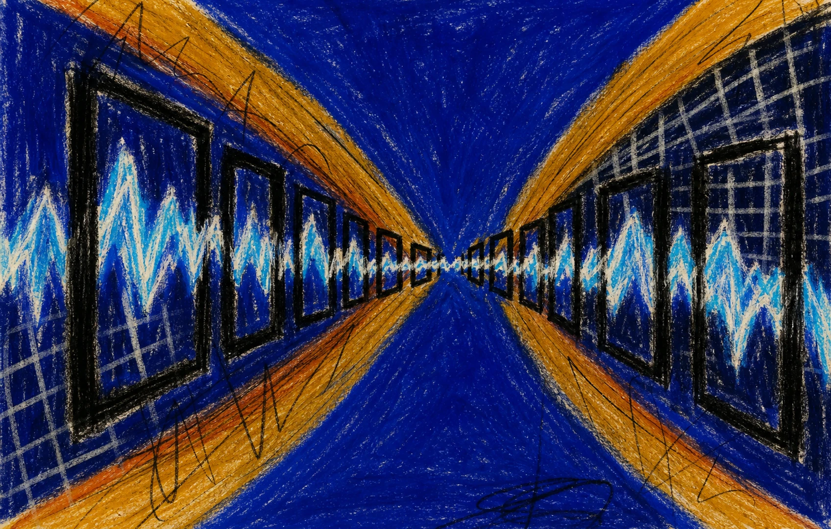 Bauhaus-style cut-paper illustration of a glowing blue waveform compressed inside rigid black film frames, surrounded by amber arcs and silver grid fragments.