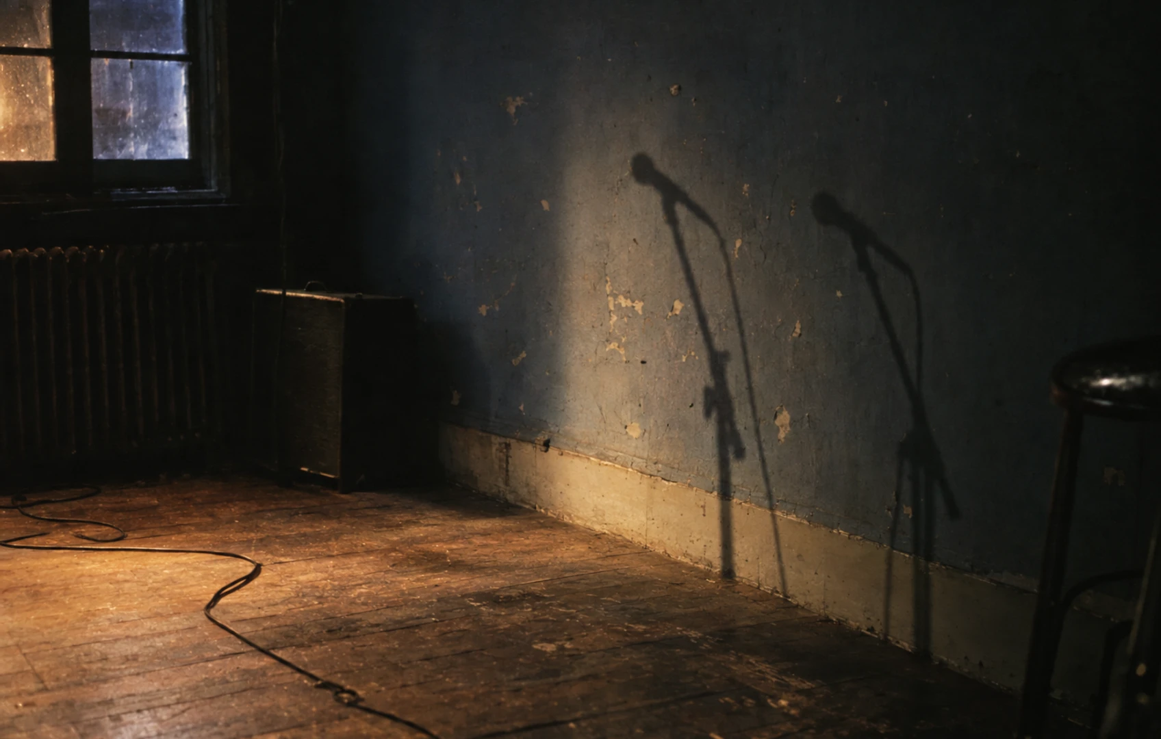Grainy, low-light view of two overlapping microphone-stand shadows on a scuffed blue-gray wall, with a loose cable on the floor below.
