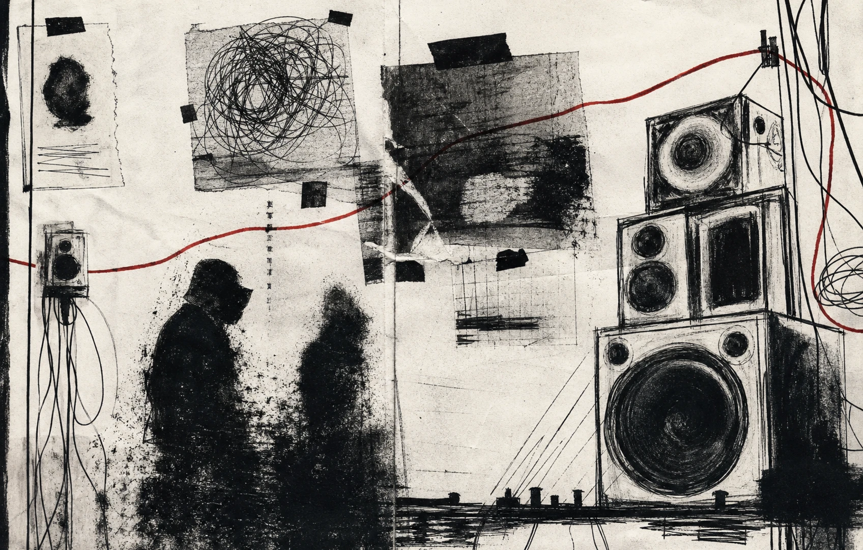 A rough cut-paper poster scene with glowing speaker shapes, torn silver textures, and anonymous silhouettes dissolving into a night-blue club haze