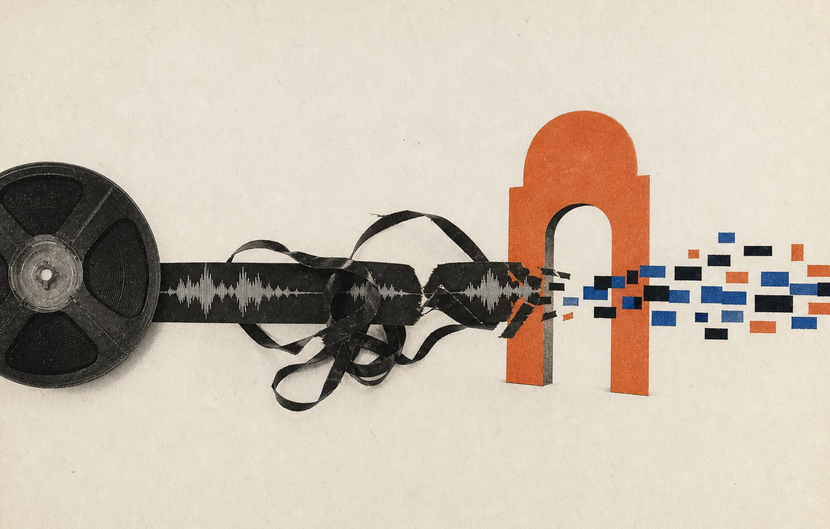 Bauhaus-style cut-paper waveform approaching a padlock-shaped gate, surrounded by torn tape strips and rough graphite marks on cream paper.