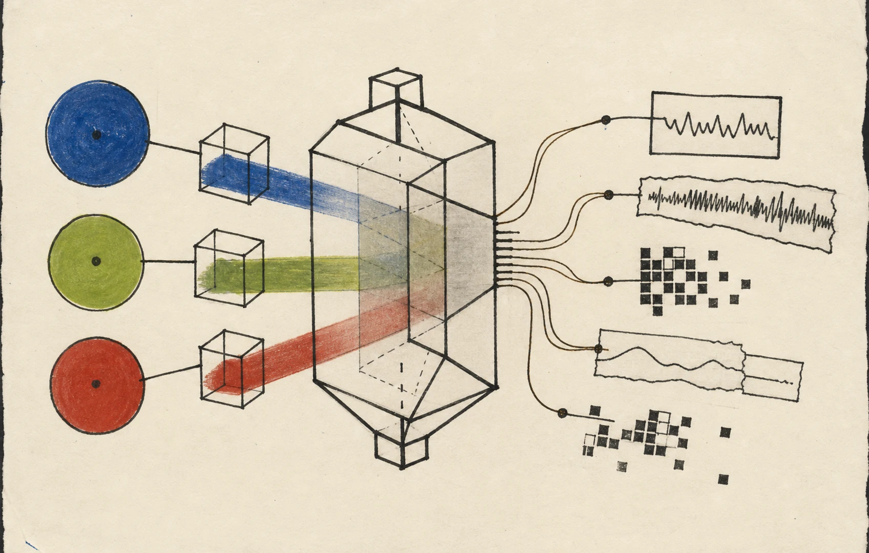 A rough cut-paper graphic of three colored record circles feeding a frosted geometric machine, with copper wires leading to waveform and pixel fragments on worn black stock.