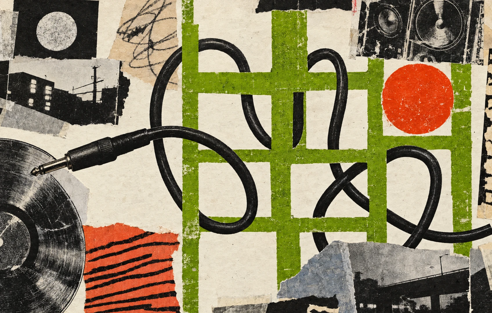 A rough black audio cable loops through an acid-green grid on cream paper, interrupted by an orange circle, in a misregistered linocut-style print.