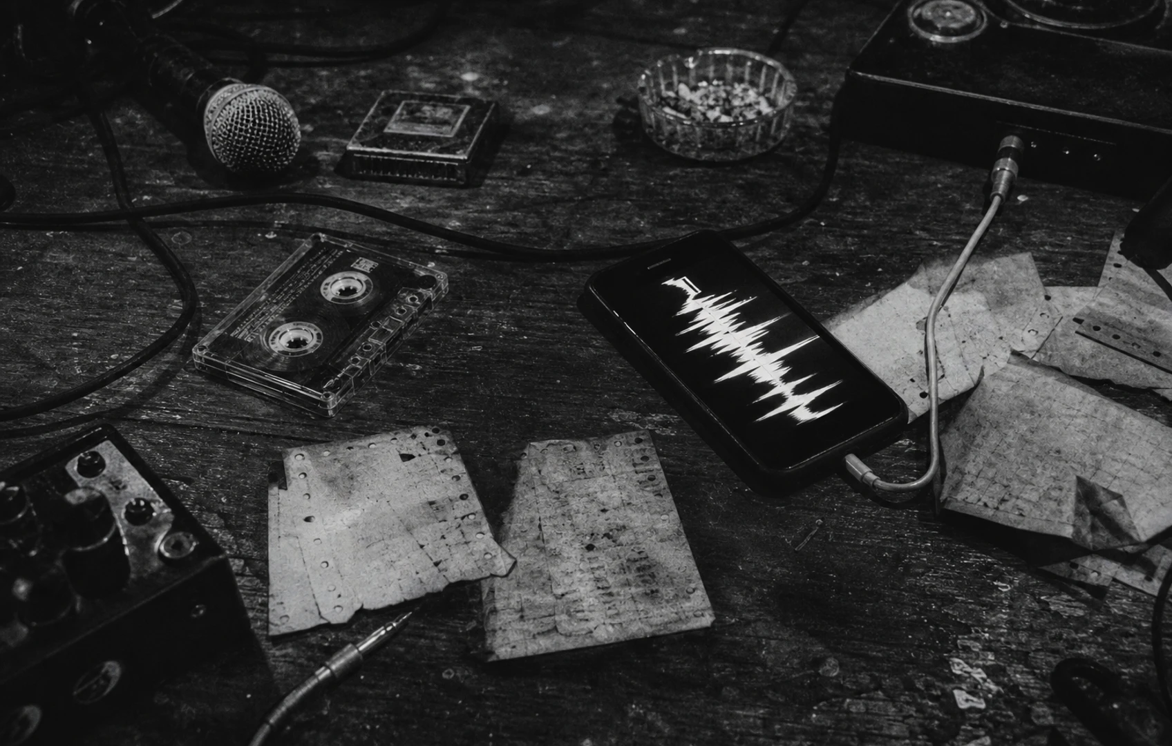 A rough editorial collage of a glowing smartphone, scattered betting slips, waveform scraps, and chart arrows pinned together like a conspiracy board in muted reds and blacks.