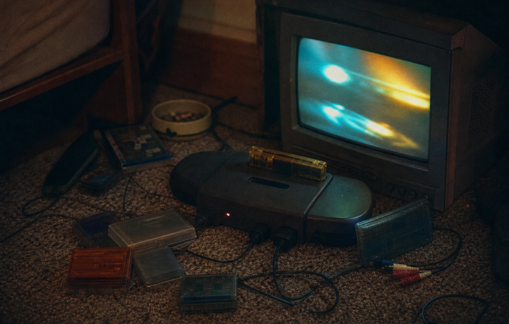 A grainy, flash-lit bedroom still life with an unbranded game console, glowing CRT, translucent cartridges, and coiled audio cables.