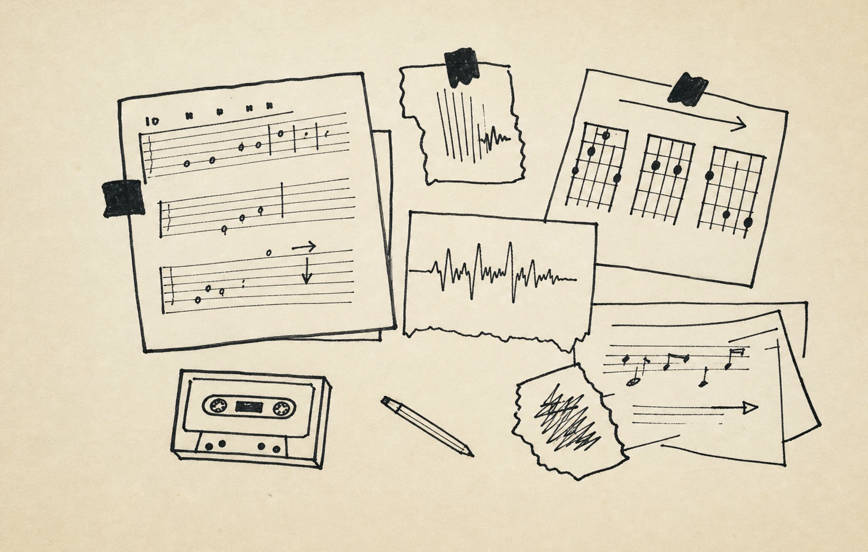 A lo-fi editorial collage of guitar tab sheets, notation fragments, waveform scraps, and cut-paper arrows pinned across a desk in muted colors