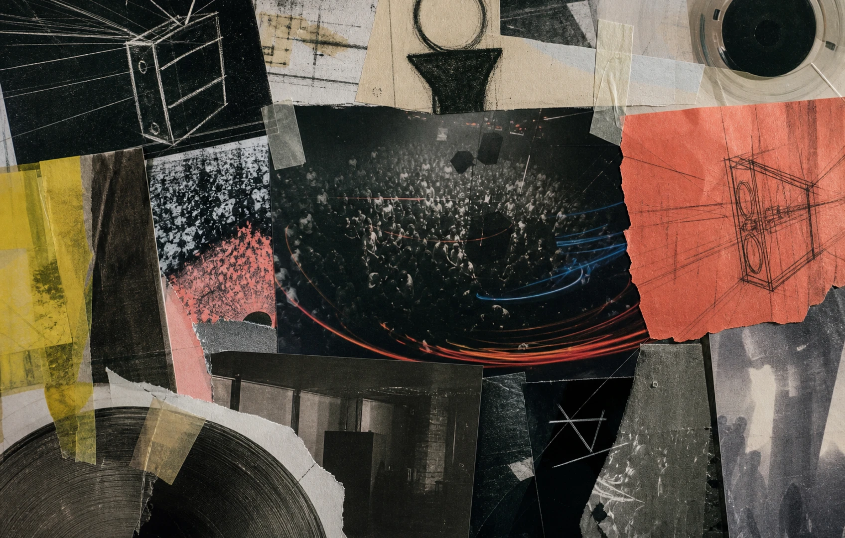 A grainy editorial collage of speaker clusters orbiting a dark dancefloor like moons, with cut-paper circles and blurred light trails suggesting sound moving through space.