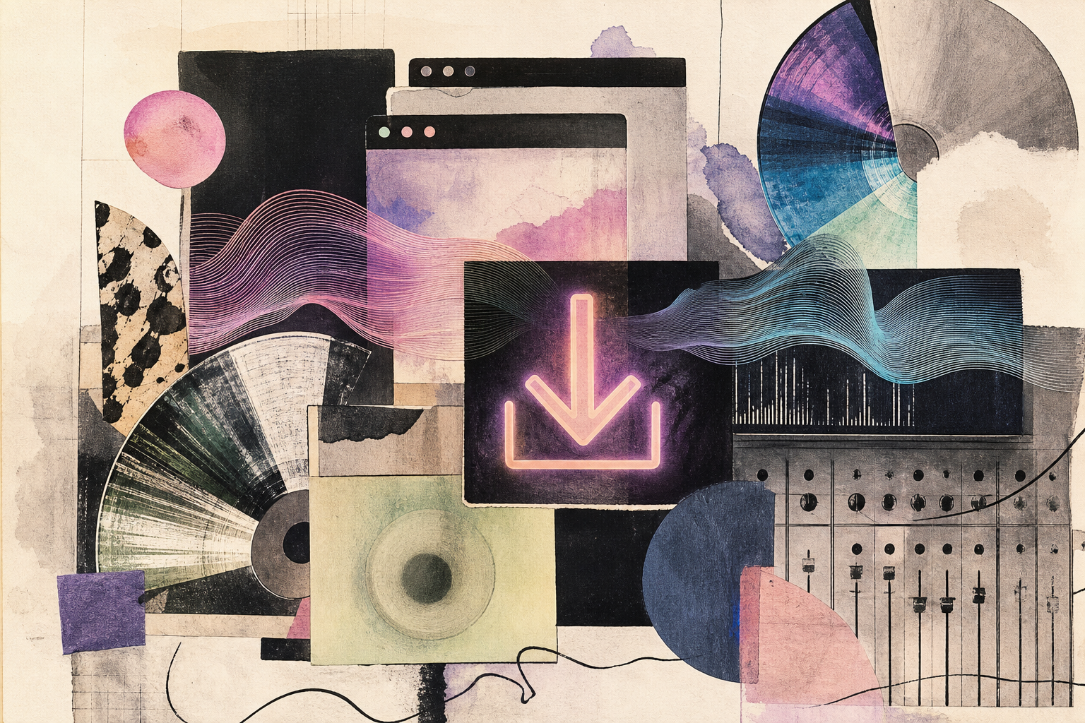 Collage editorial de cintas de forma de onda abstractas, una flecha de descarga luminosa, círculos fragmentados tipo CD y ventanas de navegador superpuestas en tonos pastel neón