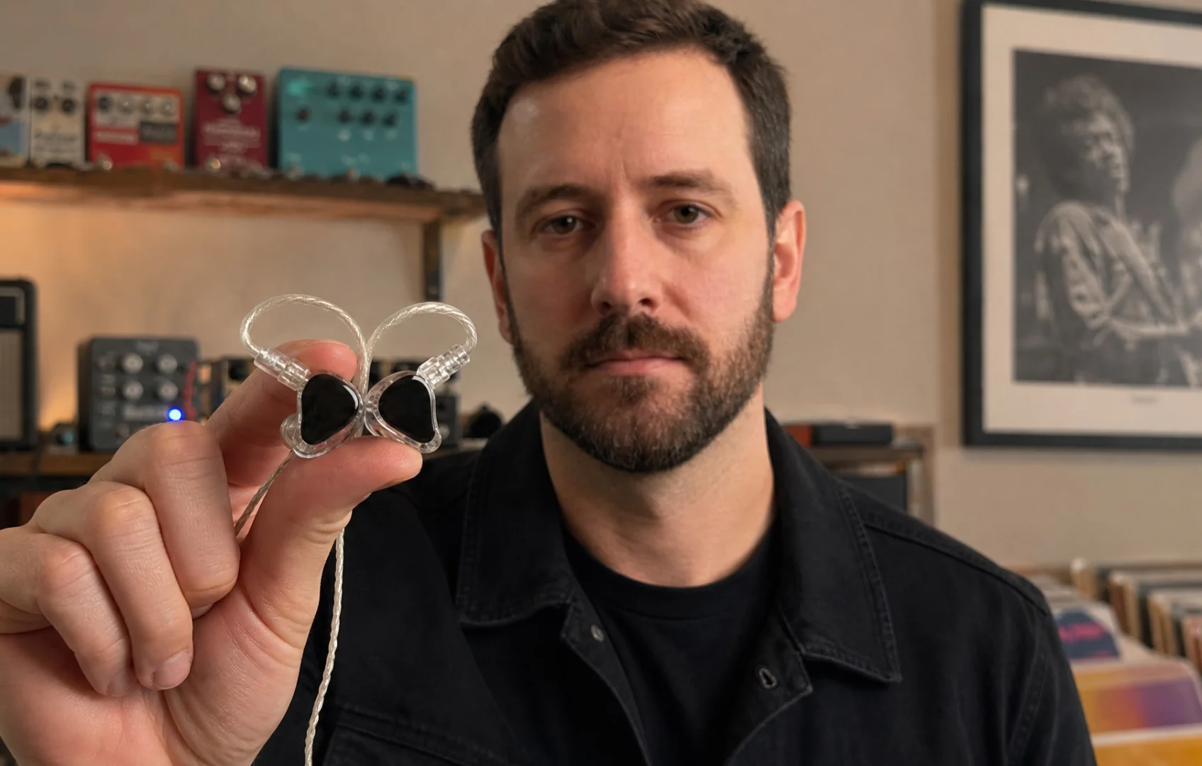 Musician holding custom in-ear monitors before comparing them with universal options