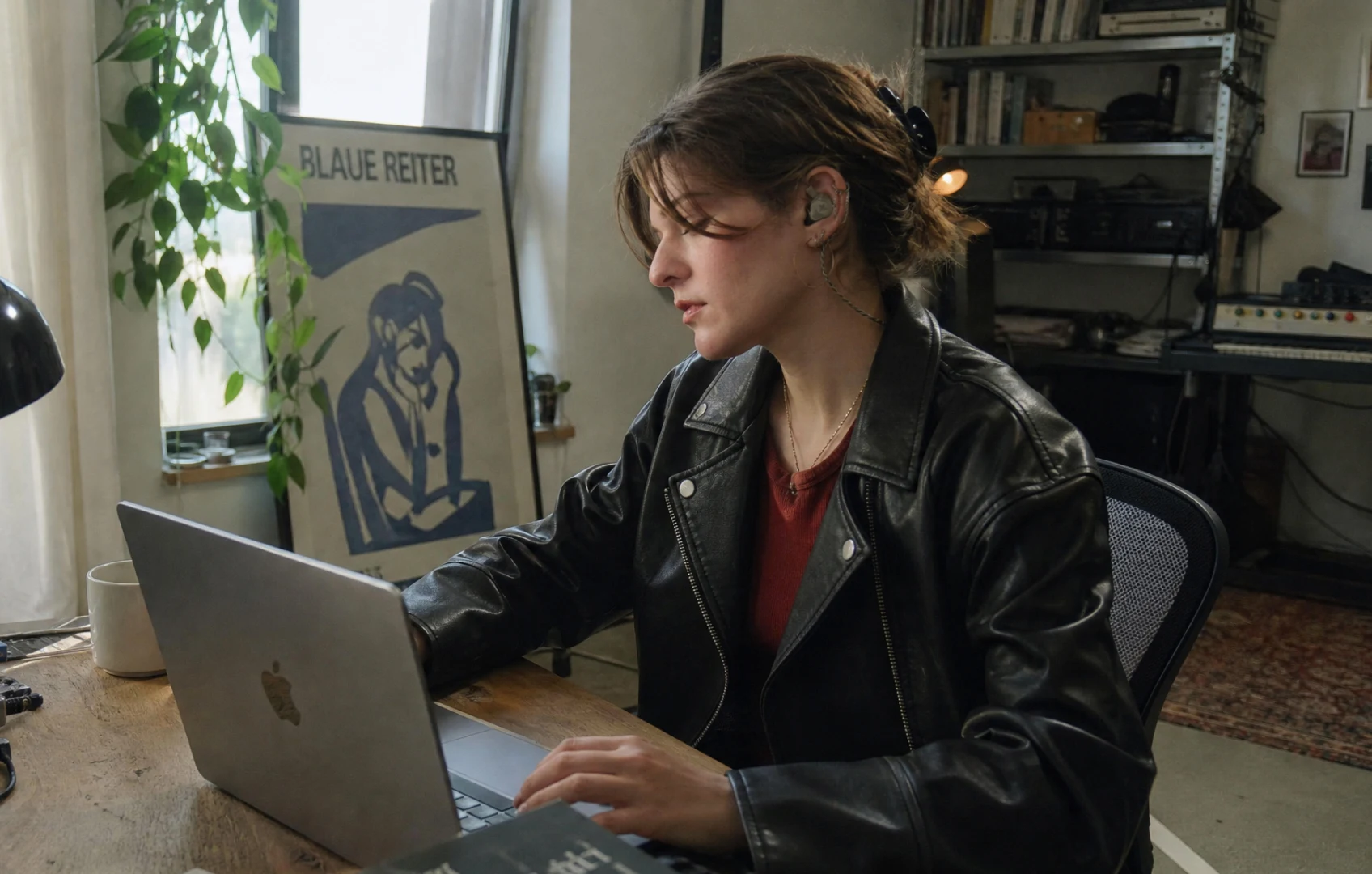 Person working at a desk on a laptop while wearing Soundbrenner Wave Pro in-ear monitors