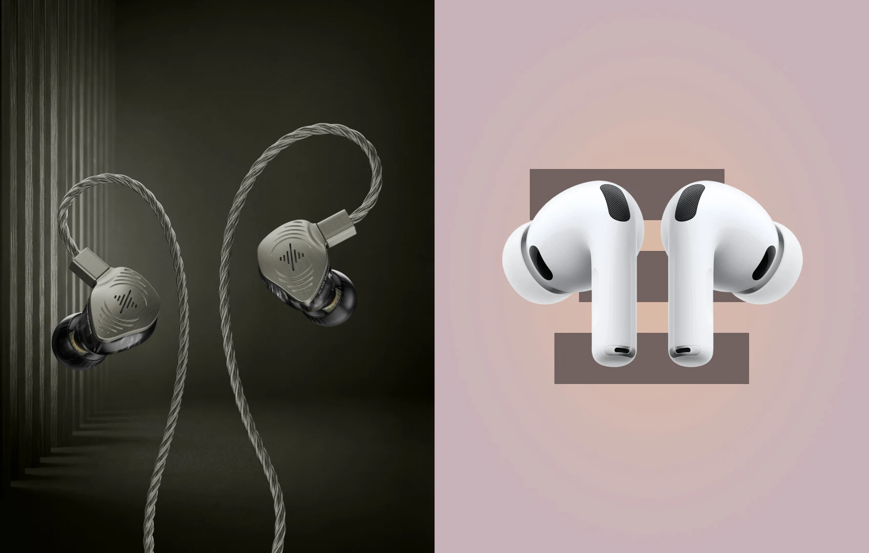 Soundbrenner Wave Pro shown beside AirPods Pro in a wired versus wireless comparison image