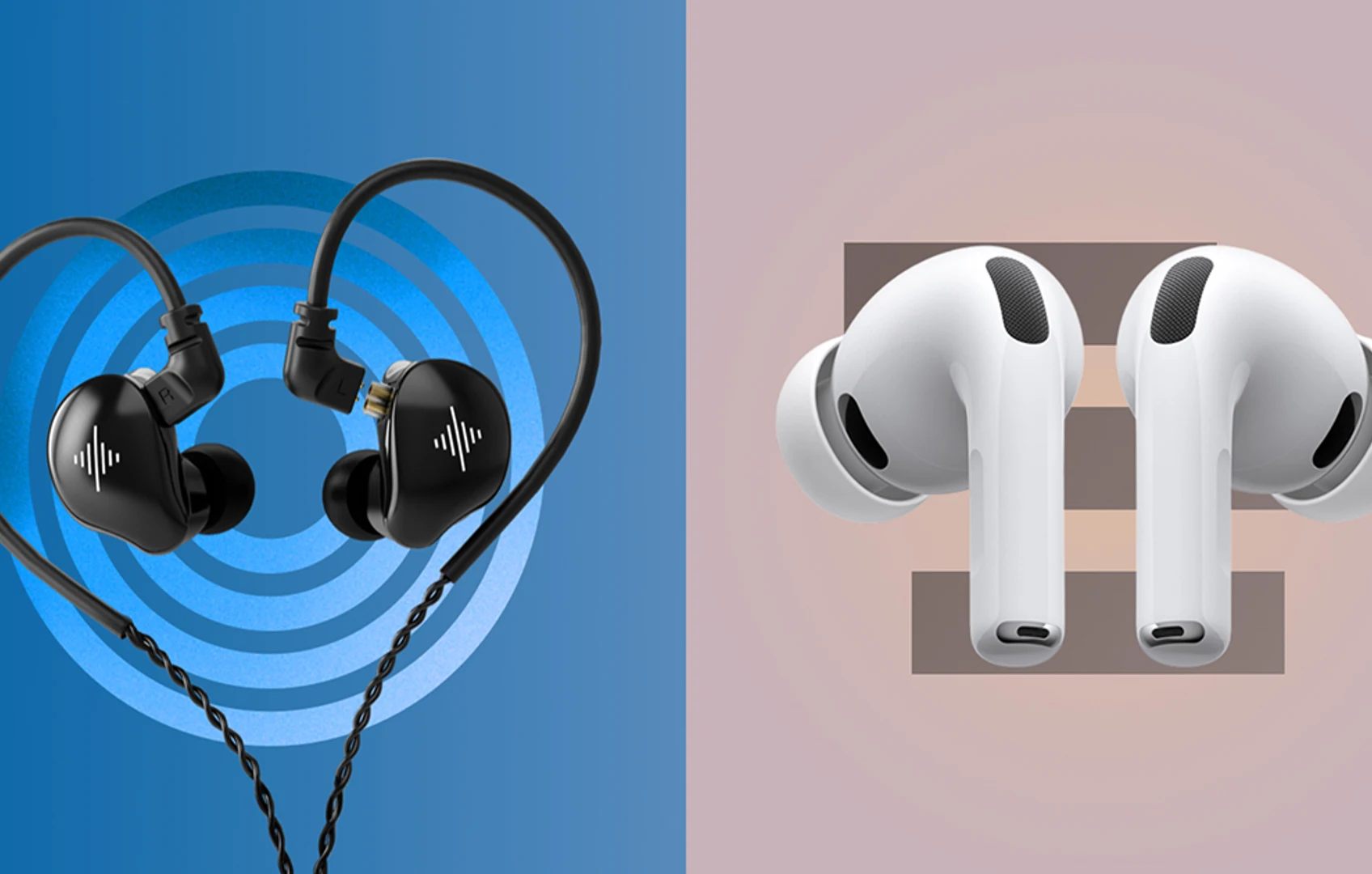 Wired Soundbrenner Wave in-ear monitors with visible cable next to wireless earbuds