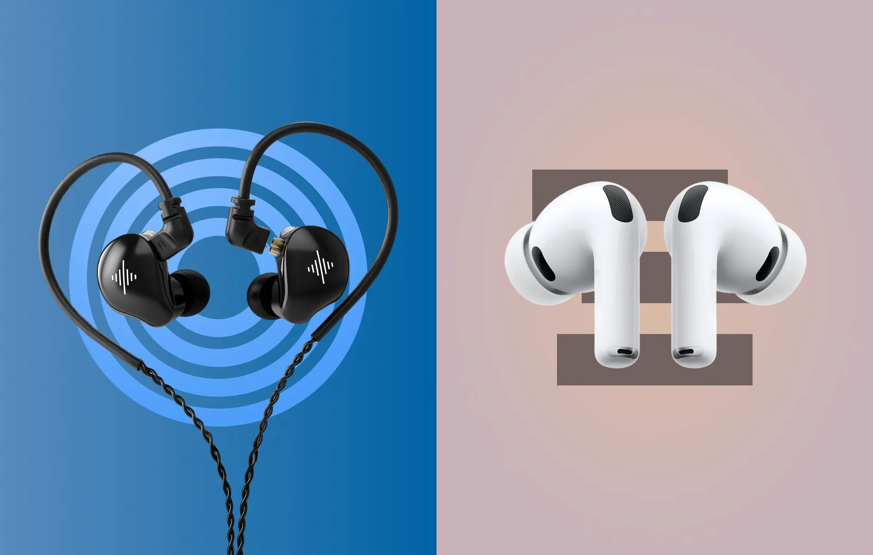 Wired Soundbrenner Wave in-ear monitors with visible cable next to wireless earbuds